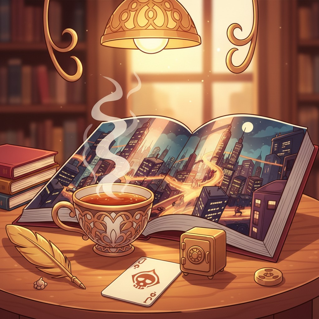 The image presents a cartoon-style depiction of a magical coffee shop set against a city skyline backdrop, accentuated by ...