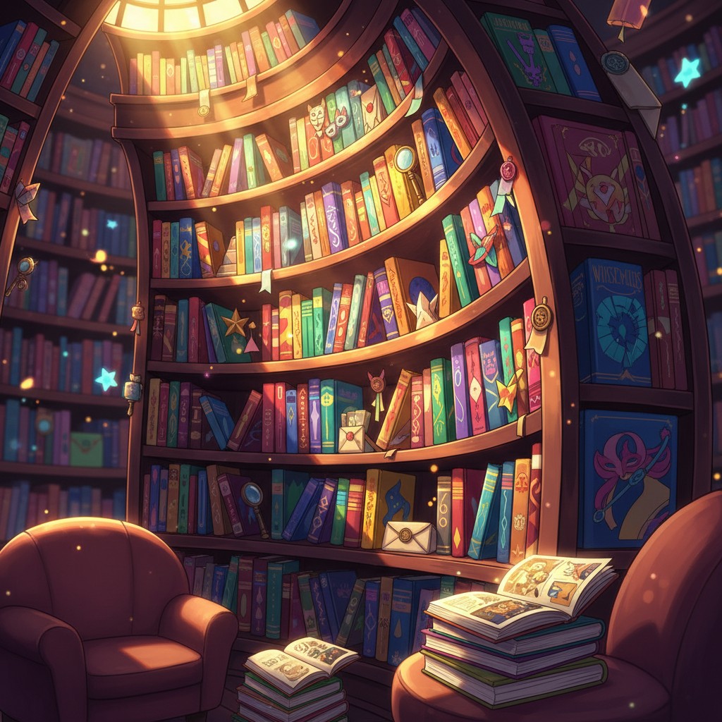 A whimsical cartoon library with a circular bookshelf featuring a variety of colourful books, surrounded by fantasy charac...
