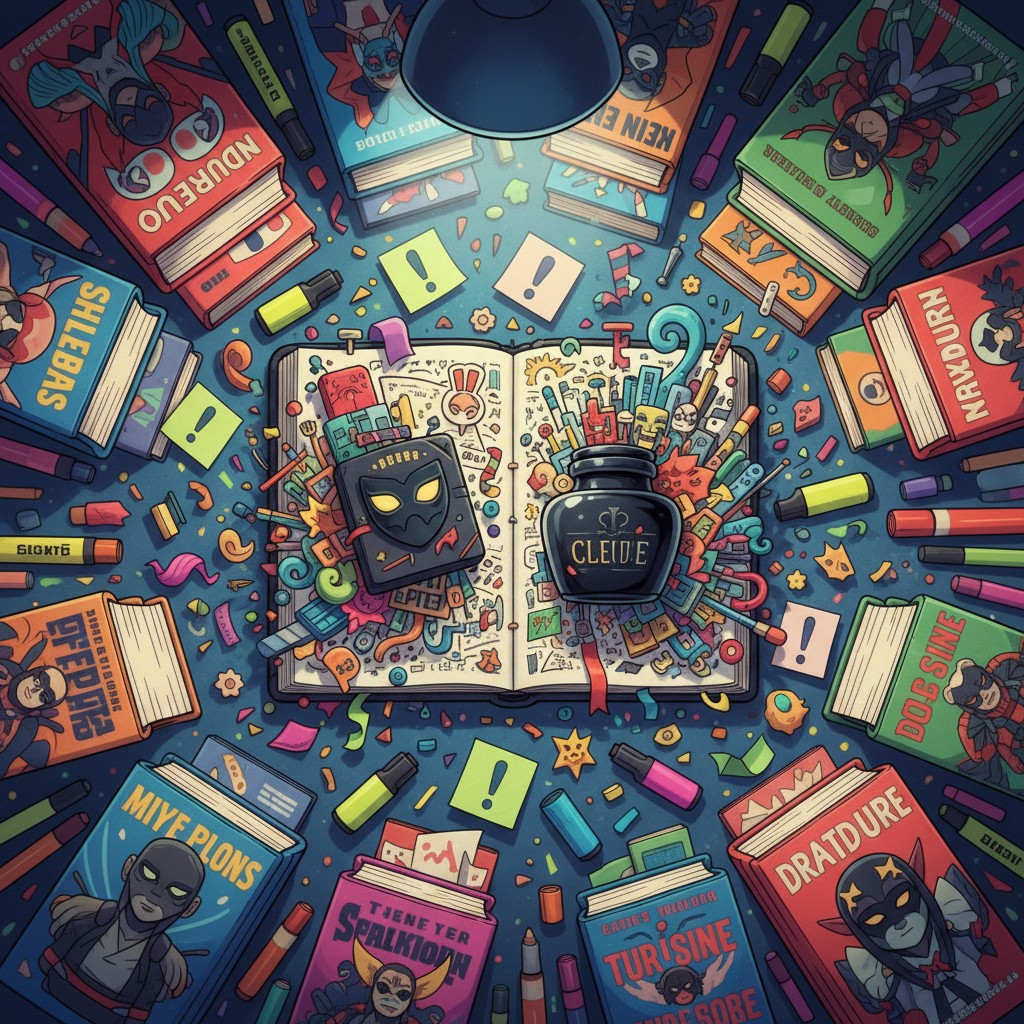 title An open book surrounded by books of various colors and illustrations, drawn, highlighted or doodled by doodlers of many ba...