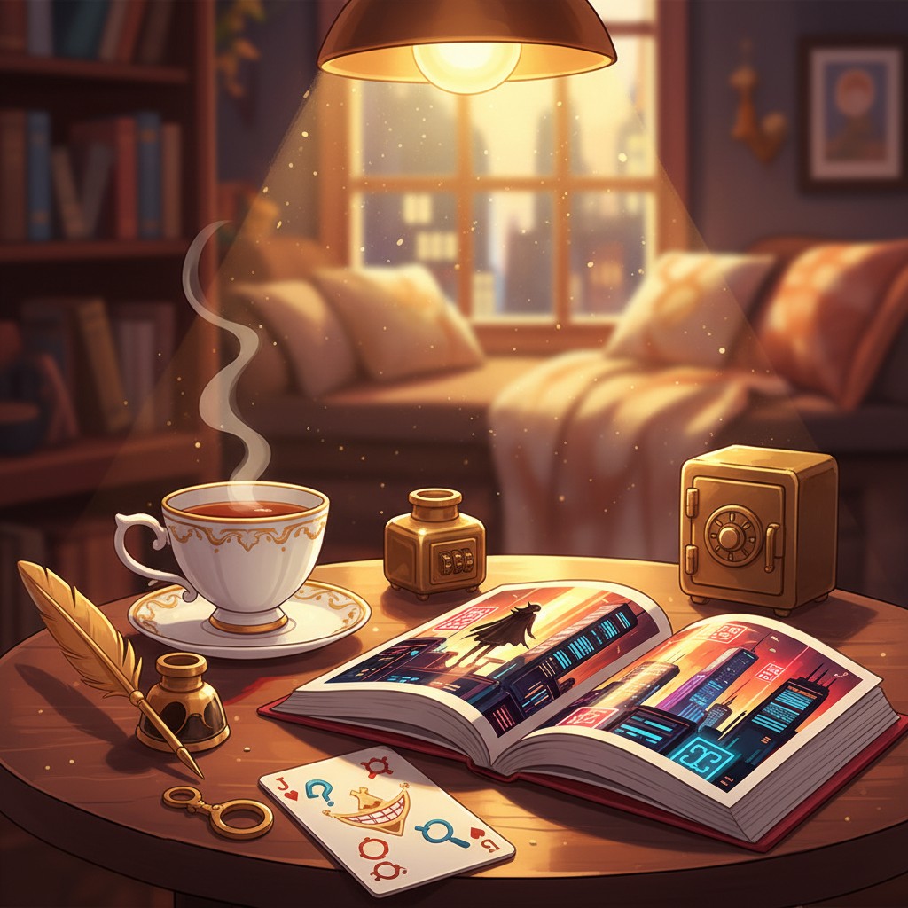 A cozy cartoon-style living room with a wooden table featuring book, lamp, tea cup, and playing card. The room itself has ...