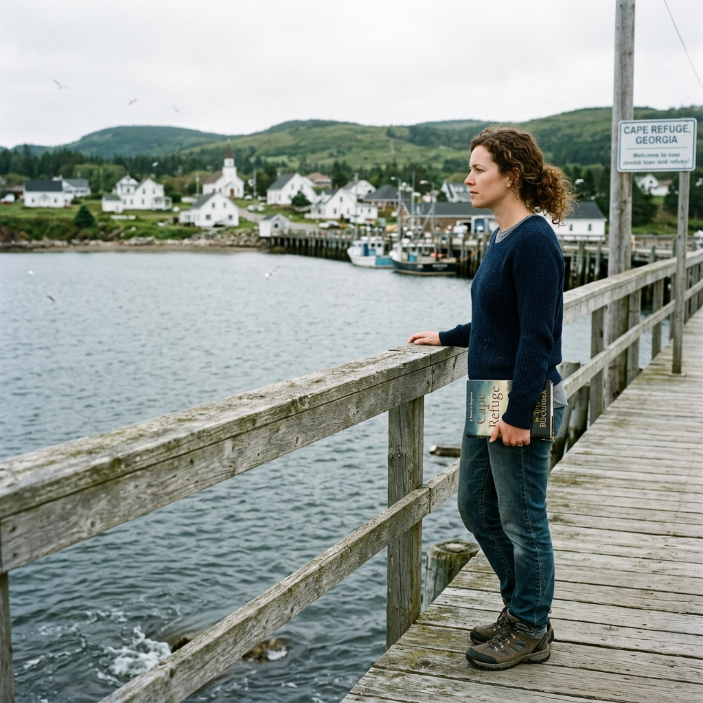 Woman holding a Cape Refuge book on a harbor pier